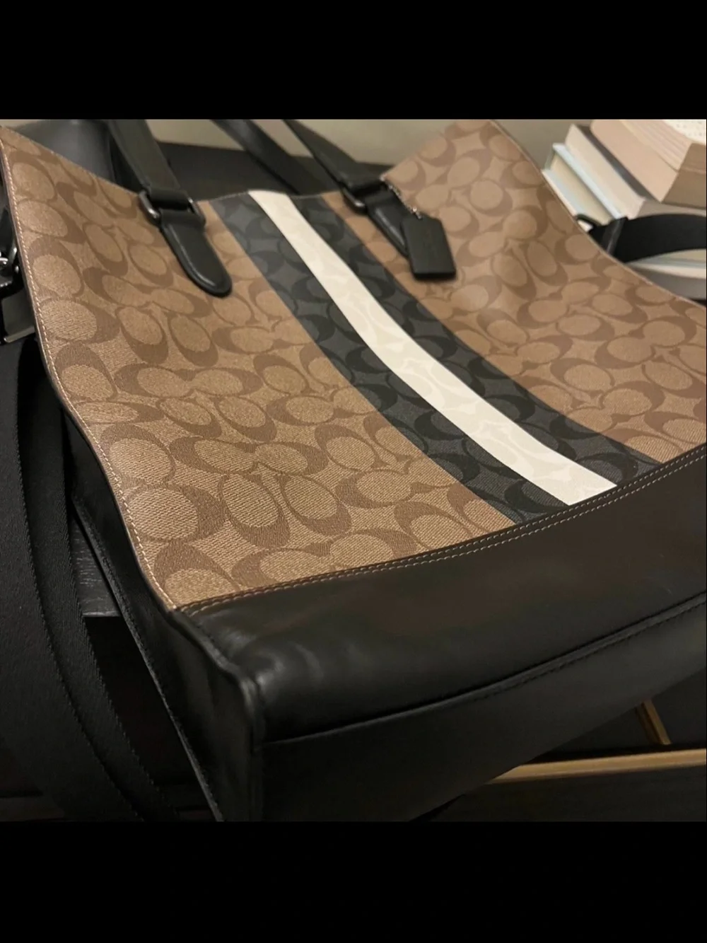 Coach Brown Signature Stripe Tote with Black Trim
